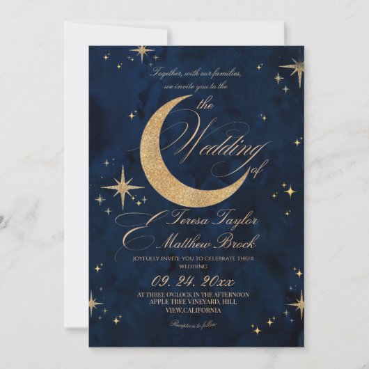 Elegant Gold & Blue Celestial Wedding  Kaart (Voorkant)