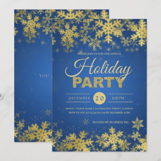Elegant Gold & Blue Corporate Kerstparty Kaart (Voorkant / Achterkant)