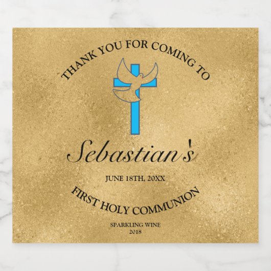Elegant Gold Blue Cross Dove 1st Community Sparkling Wijnetiket (Enkel label)