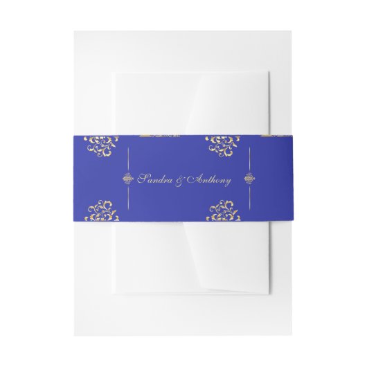 Elegant Gold & Blue Damask bruiloft Belly Band Uitnodigingen Wikkel (Voorkant Voorbeeld)