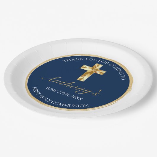Elegant Gold Blue First Heilige Communie Hartelijk Papieren Bordje (Gekanteld)