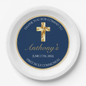 Elegant Gold Blue First Heilige Communie Hartelijk Papieren Bordje (Voorkant)