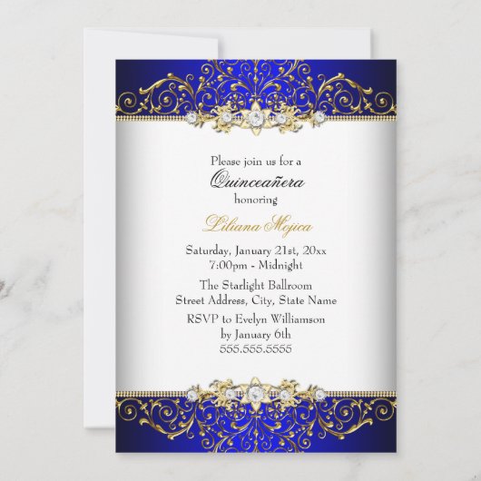 Elegant Gold Blue Glamor Quinceanera Kaart (Achterkant)