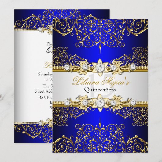 Elegant Gold Blue  Glamor Quinceanera Kaart (Voorkant / Achterkant)