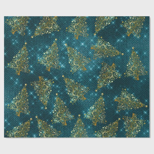 Elegant Gold & Blue Glitter-kerstboompatroon Cadeaupapier (Vlak)