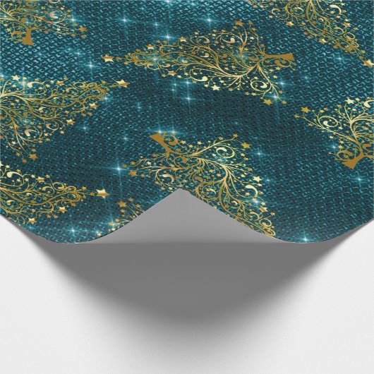 Elegant Gold & Blue Glitter-kerstboompatroon Cadeaupapier (Hoek)