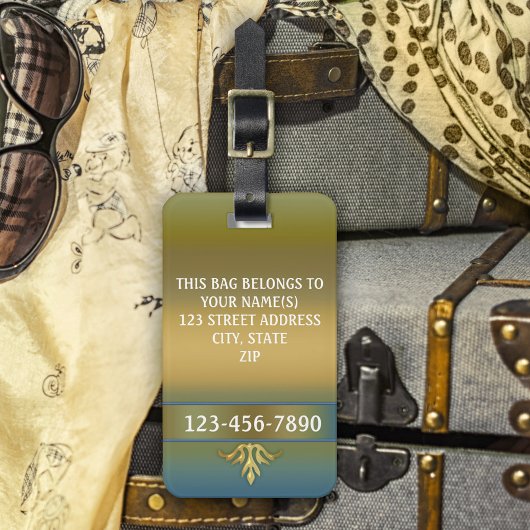 Elegant Gold Blue Green Stripe Bagagelabel