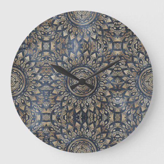 Elegant Gold Blue Mandala Floral Grote Klok (Voorkant)