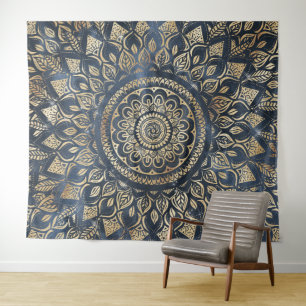 Elegant Gold Blue Mandala Floral Wandkleed