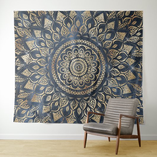 Elegant Gold Blue Mandala Floral Wandkleed (In Situ (horizontaal))