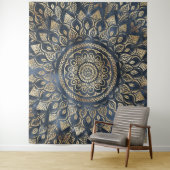 Elegant Gold Blue Mandala Floral Wandkleed (In situ)