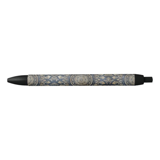 Elegant Gold Blue Mandala Floral Zwarte Inkt Pen (Voorkant)