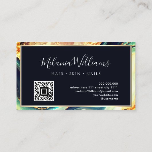 Elegant Gold Blue Marble Agate Geode QR Code Visitekaartje (Achterkant)