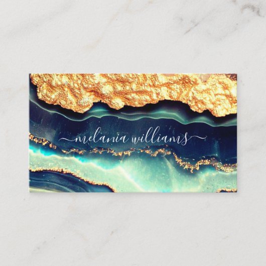 Elegant Gold Blue Marble Agate Geode QR Code Visitekaartje (Voorkant)