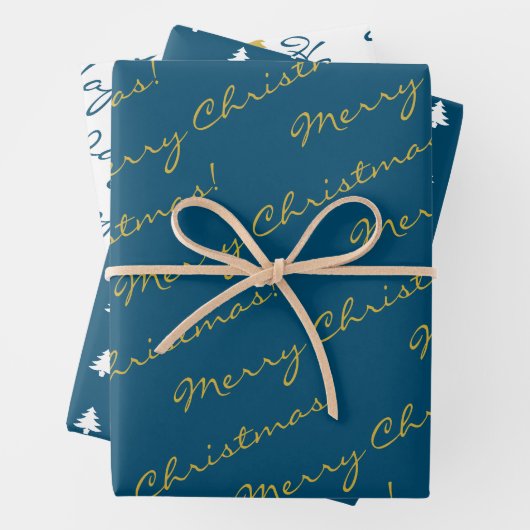 Elegant Gold Blue Merry-kerstfeestbomen Inpakpapier Vel (In situ)