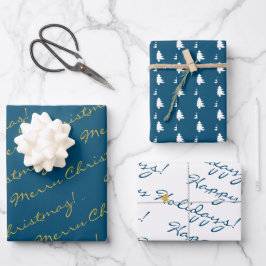 Elegant Gold Blue Merry-kerstfeestbomen Inpakpapier Vel