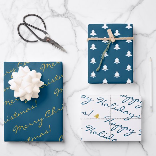 Elegant Gold Blue Merry-kerstfeestbomen Inpakpapier Vel (Voorkant)