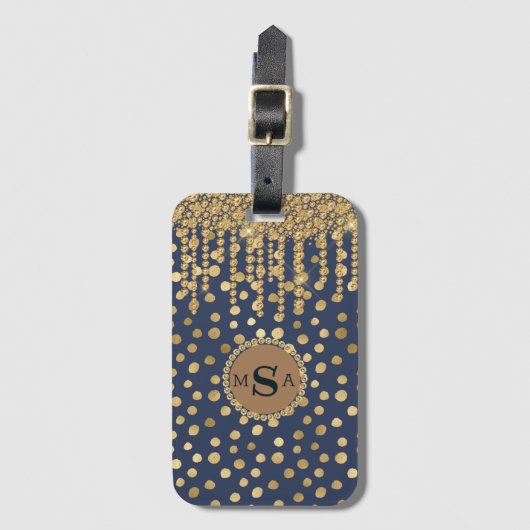 Elegant Gold & Blue Monogram Bling Glam Stylish Bagagelabel (Voorkant (verticaal))