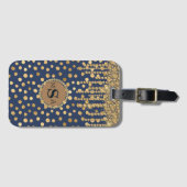 Elegant Gold & Blue Monogram Bling Glam Stylish Bagagelabel (Voorkant (horizontaal))
