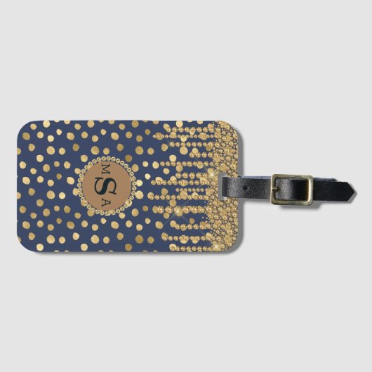 Elegant Gold & Blue Monogram Bling Glam Stylish Bagagelabel (Voorkant (horizontaal))