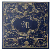 Elegant Gold Blue Monogram Tegeltje (Voorkant)