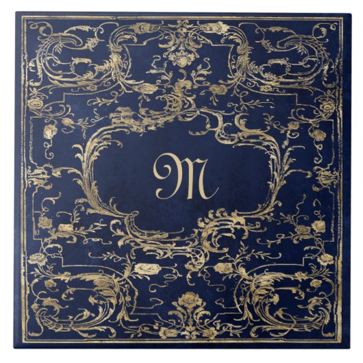 Elegant Gold Blue Monogram Tegeltje (Voorkant)