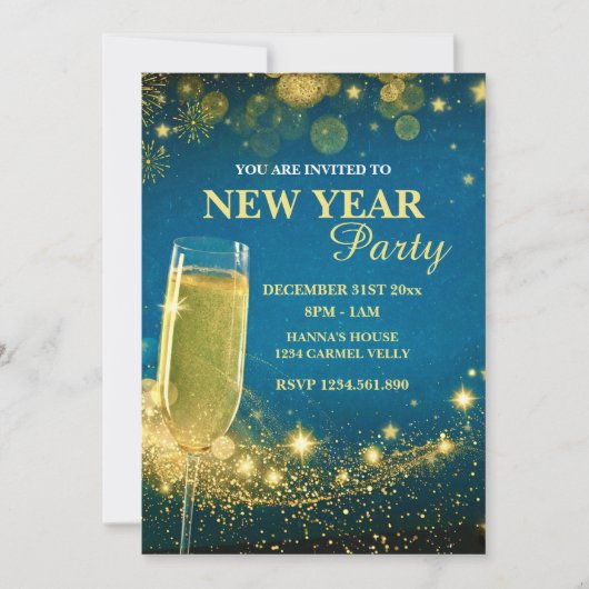 Elegant Gold & Blue New Year's Eve Party Kaart (Voorkant)