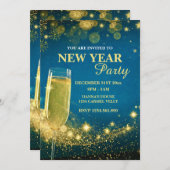 Elegant Gold & Blue New Year's Eve Party Kaart (Voorkant / Achterkant)