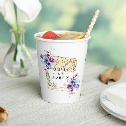 Elegant Gold Blue Paars Geometric Framed Wedding Papieren Bekers (Insitu)