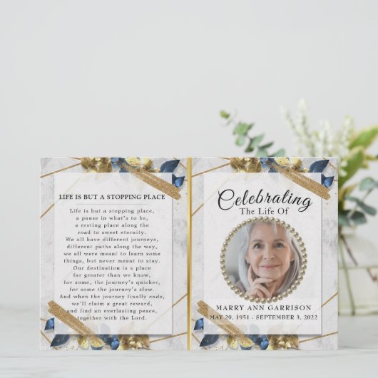 Elegant Gold Blue Photo Life Celebration Program (Staand voorkant)