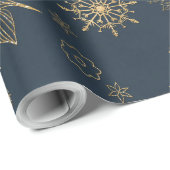Elegant Gold Blue Poinsettias Snowflakes Patroon Cadeaupapier (Rol Hoek)