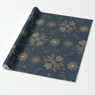 Elegant Gold Blue Poinsettias Snowflakes Patroon Cadeaupapier