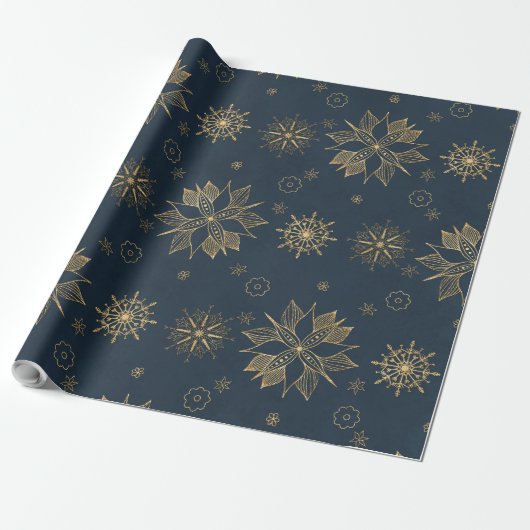 Elegant Gold Blue Poinsettias Snowflakes Patroon Cadeaupapier (Uitgerold)