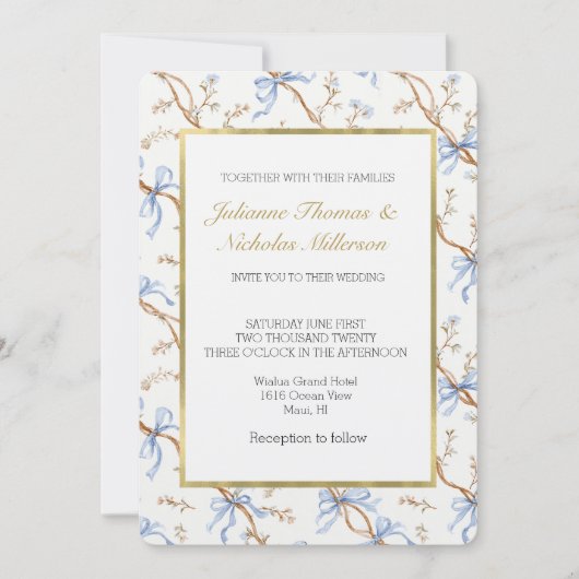 Elegant Gold Blue Ribbons Wedding Kaart (Voorkant)
