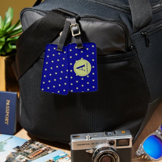 Elegant Gold & Blue Star Pattern Monogram Bagagelabel (Voorkant /achterkant)