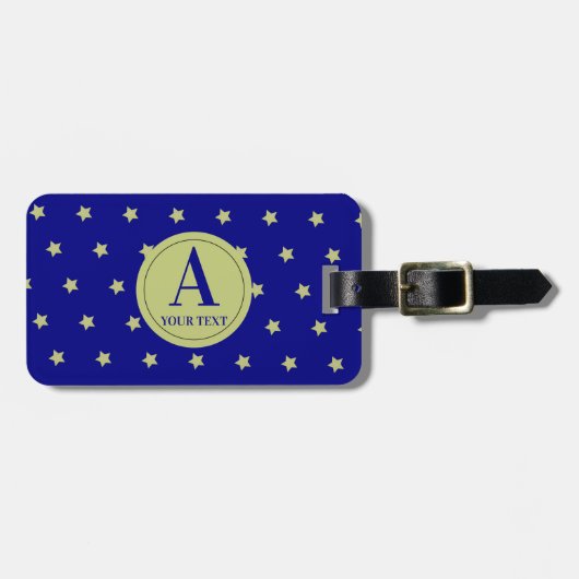 Elegant Gold & Blue Star Pattern Monogram Bagagelabel (Voorkant horizontaal)