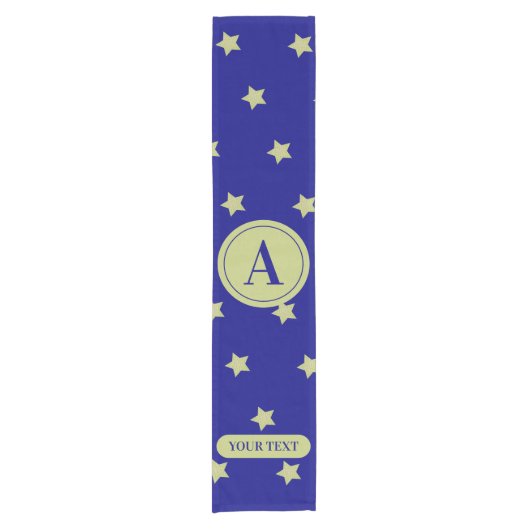 Elegant Gold & Blue Star Pattern Monogram Korte Tafelloper (Voorkant)