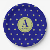 Elegant Gold & Blue Star Pattern Monogram Papieren Bordje (Voorkant)