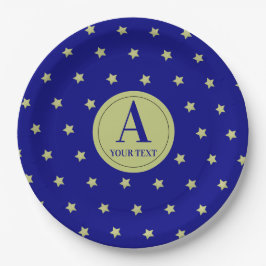 Elegant Gold & Blue Star Pattern Monogram Papieren Bordje