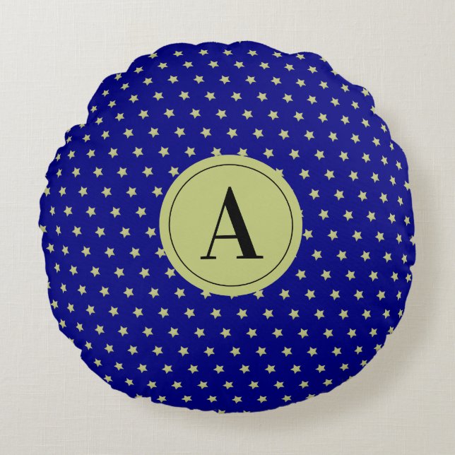 Elegant Gold & Blue Star Pattern Monogram Rond Kussen (Voorkant)
