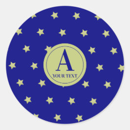 Elegant Gold & Blue Star Pattern Monogram Ronde Sticker