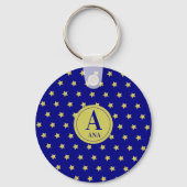 Elegant Gold & Blue Star Pattern Monogram Sleutelhanger (Voorkant)