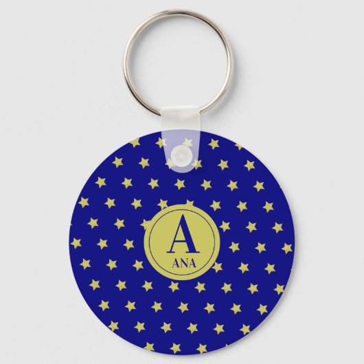 Elegant Gold & Blue Star Pattern Monogram Sleutelhanger (Voorkant)