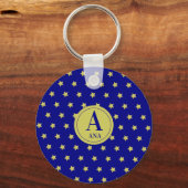 Elegant Gold & Blue Star Pattern Monogram Sleutelhanger (Voorkant)