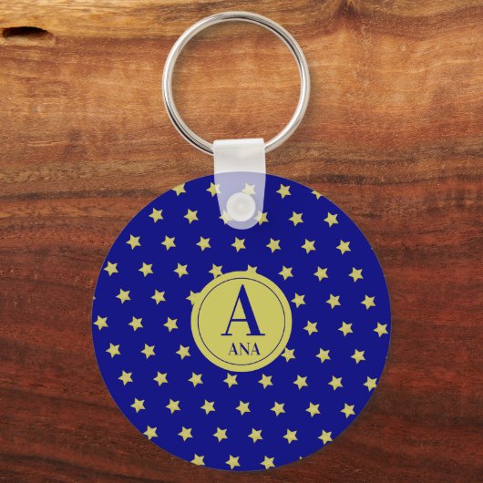 Elegant Gold & Blue Star Pattern Monogram Sleutelhanger (Voorkant)