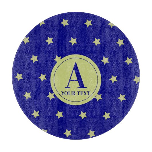 Elegant Gold & Blue Star Pattern Monogram Snijplank (Voorkant)