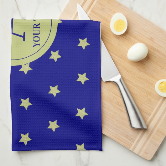 Elegant Gold & Blue Star Pattern Monogram Theedoek (Quarter Fold)