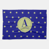 Elegant Gold & Blue Star Pattern Monogram Theedoek (Horizontaal)