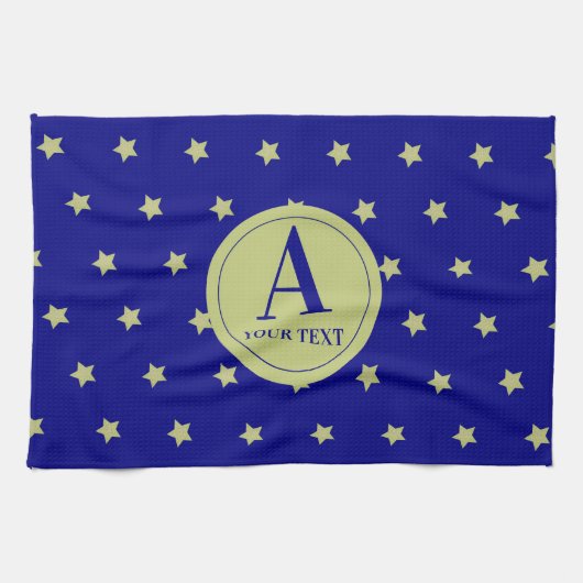 Elegant Gold & Blue Star Pattern Monogram Theedoek (Horizontaal)