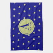 Elegant Gold & Blue Star Pattern Monogram Theedoek (Verticaal)